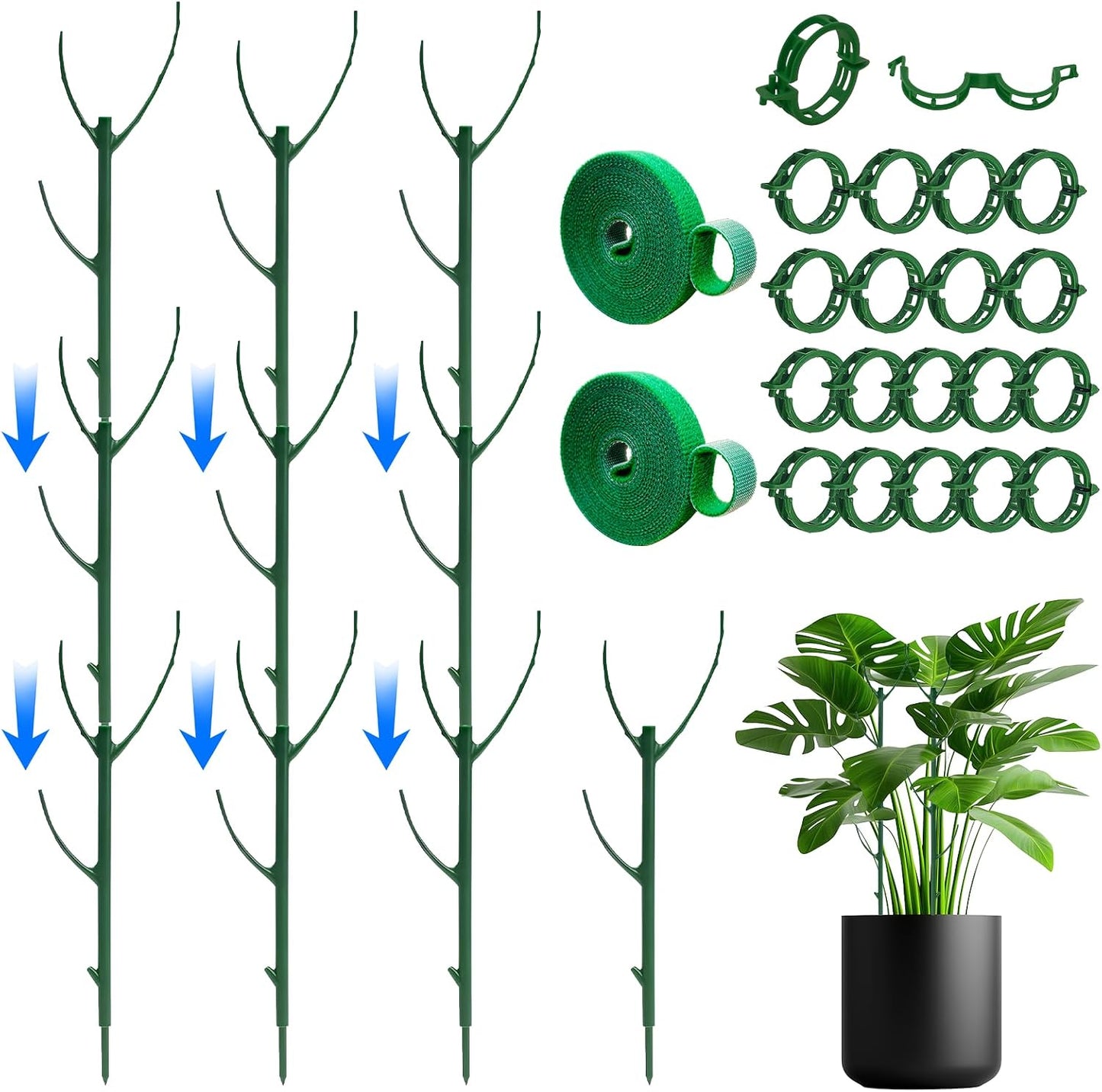 10 Pack Stackable Monstera Plant Support Stakes with 2 Rolls Hook-and-Loop Ties & 20 Clips, Adjustable Plant Stakes for Indoor Plants, Plant Sticks Support Tall Pothos Climbing