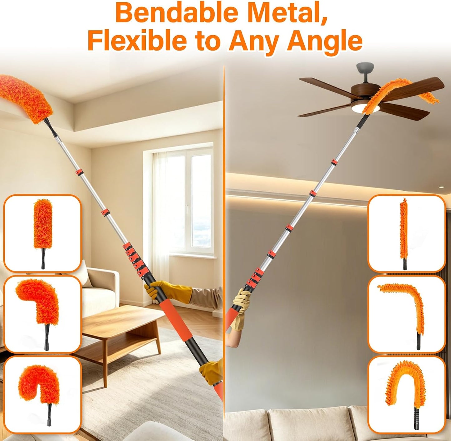 26FT High Reach Duster with Extension Pole 5-20FT, 4-in-1 Cleaning Kit with Universal Swivel Joint | High Ceiling Fan Cleaner, Cobweb Duster & Window Squeegee for Safe High-Reach Cleaning