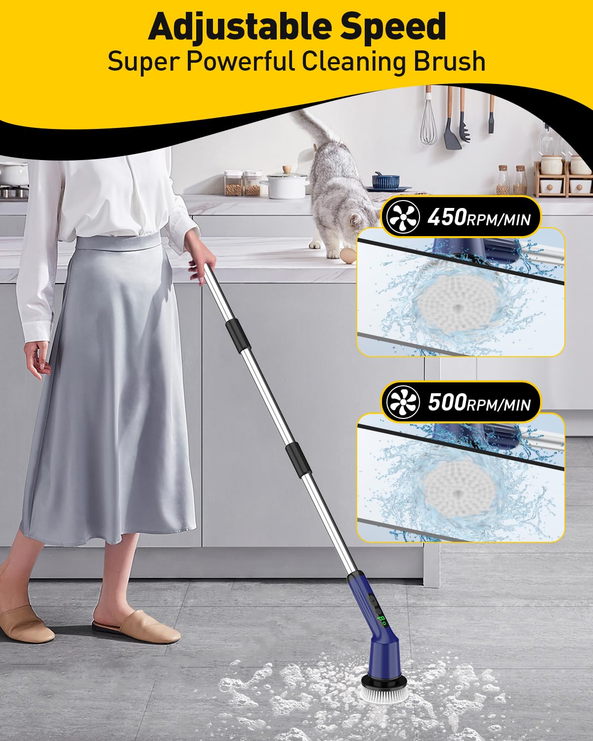 Shower Scrubber with Long Handle, Shower Cleaner Brush with 8 Floor Machine Pads, Cordless Electric Spin Scrubber for Cleaning with 2 Speed, Cleaning Supplies for Bathroom Bathtub Kitchen Floor Tile