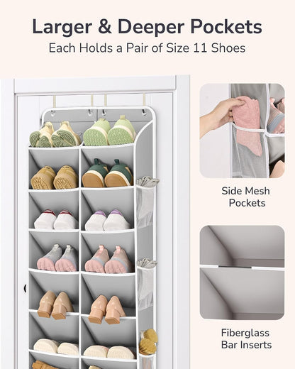 ULG Over The Door Shoe Organizer for Closet Fit 24-32 Pairs with Large Deep Pockets, Narrow Shoe Rack for Door Hanging Boots Storage, Black