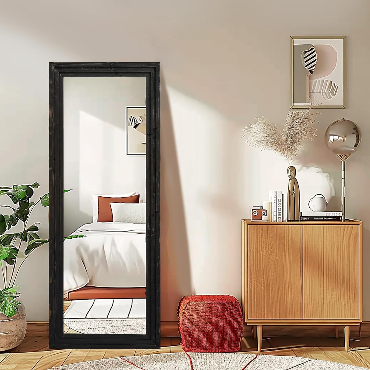 Full Length Mirror 65"x22" with Stand Solid Wood Frame Floor Large Mirror for Living Room, Bedroom Hanging Standing or Leaning Wall-Mounted, New Black