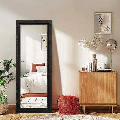Full Length Mirror 65"x22" with Stand Solid Wood Frame Floor Large Mirror for Living Room, Bedroom Hanging Standing or Leaning Wall-Mounted, New Black