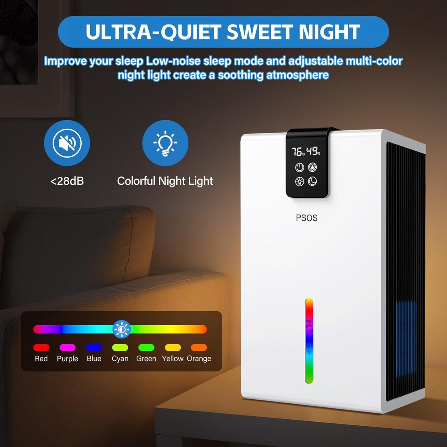 PSOS Dehumidifier, Dehumidifiers for Home, 98 OZ Water Tank, (1000 sq.ft) Quiet Dehumidifier for Bathroom Basement Bedroom with Humidity Display, Relaxing 7 Color Ambient Light, Auto Shut Off(White)