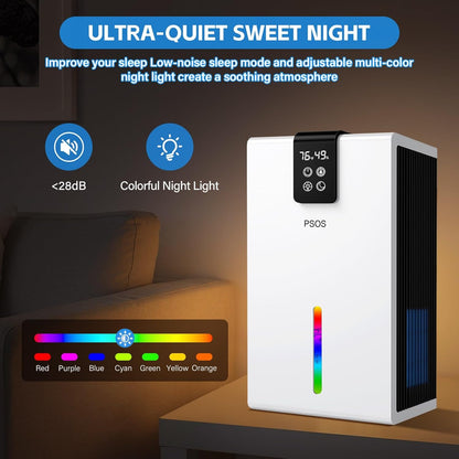PSOS Dehumidifier, Dehumidifiers for Home, 98 OZ Water Tank, (1000 sq.ft) Quiet Dehumidifier for Bathroom Basement Bedroom with Humidity Display, Relaxing 7 Color Ambient Light, Auto Shut Off(White)