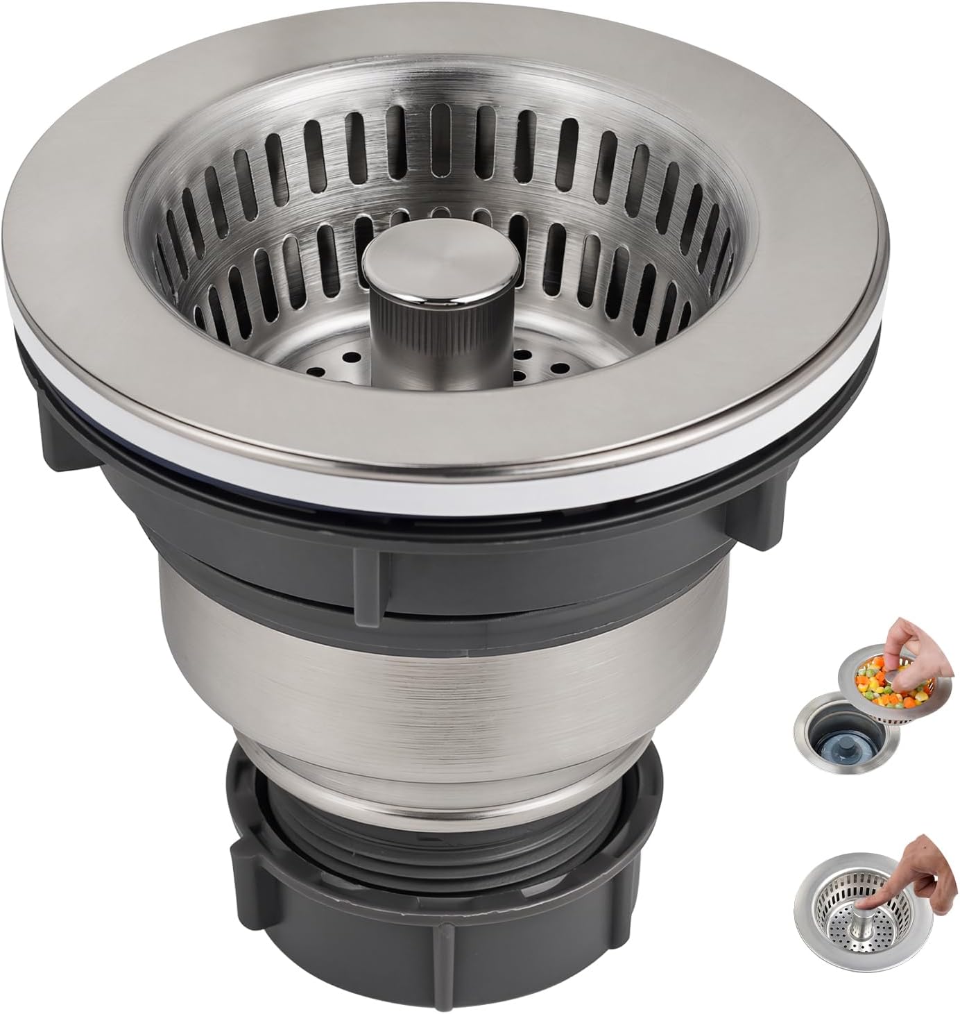 Hibbent Upgraded 3 In 1 Kitchen Sink Drain Strainer and Stopper Combo Assembly Kit, Stainless Steel Larger Anti-Clogging Basket, Pop Up Stopper Plug for US Standard 3-1/2 Inch, Brushed Nickel