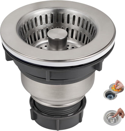Hibbent Upgraded 3 In 1 Kitchen Sink Drain Strainer and Stopper Combo Assembly Kit, Stainless Steel Larger Anti-Clogging Basket, Pop Up Stopper Plug for US Standard 3-1/2 Inch, Brushed Nickel