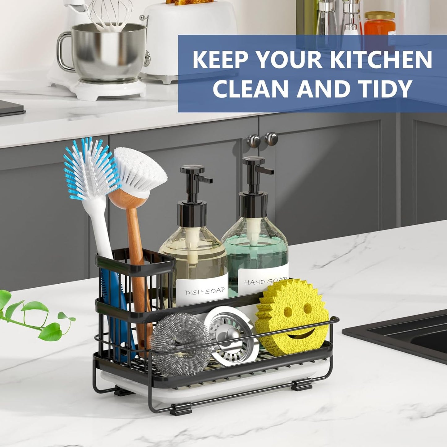 Trendy Sink Caddy Kitchen Organizer, Non-Slip Dish Soap Dispenser Rack with Drain Tray, Rustproof Brush Holder for Countertop Storage (Matte Black)