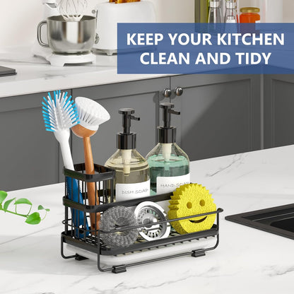 Trendy Sink Caddy Kitchen Organizer, Non-Slip Dish Soap Dispenser Rack with Drain Tray, Rustproof Brush Holder for Countertop Storage (Matte Black)