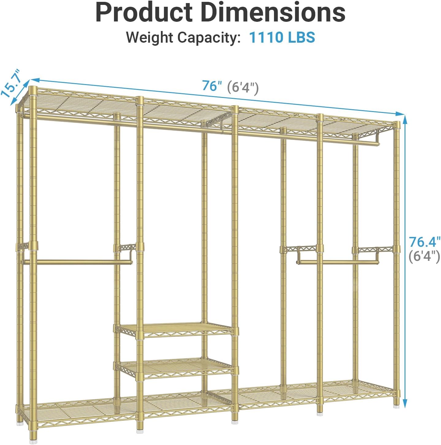 VIPEK V40 Heavy Duty Clothes Rack, 1110lbs Capacity Sturdy Metal Garment Rack, Clothing Rack with 6 Shelves & 4 Hang Rods, Adjustable Open Wardrobe Closet Organizer for Bedroom/Apartment/Retail, Black