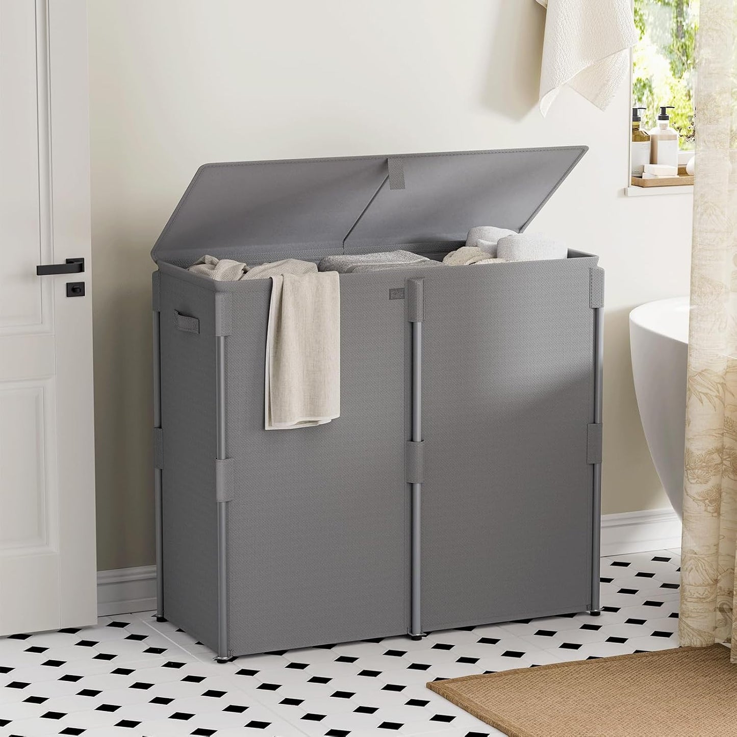 WOWLIVE 180L Laundry Hamper with Lid 3 Section, Large Laundry Basket with Removable Bags, Heavy Duty Metal Frame Dirty Clothes Hampers for Laundry, Laundry Basket Organizer for Laundry Room,Dorm,Black