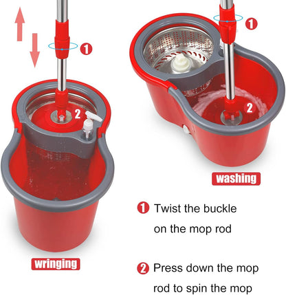 Spin Mop and Bucket with Wringer Set, 360° Spinning Mop Bucket System with 3 Microfiber Mop Replacement Heads and 61" Stainless Steel Adjustable Handle for Floor Cleaning