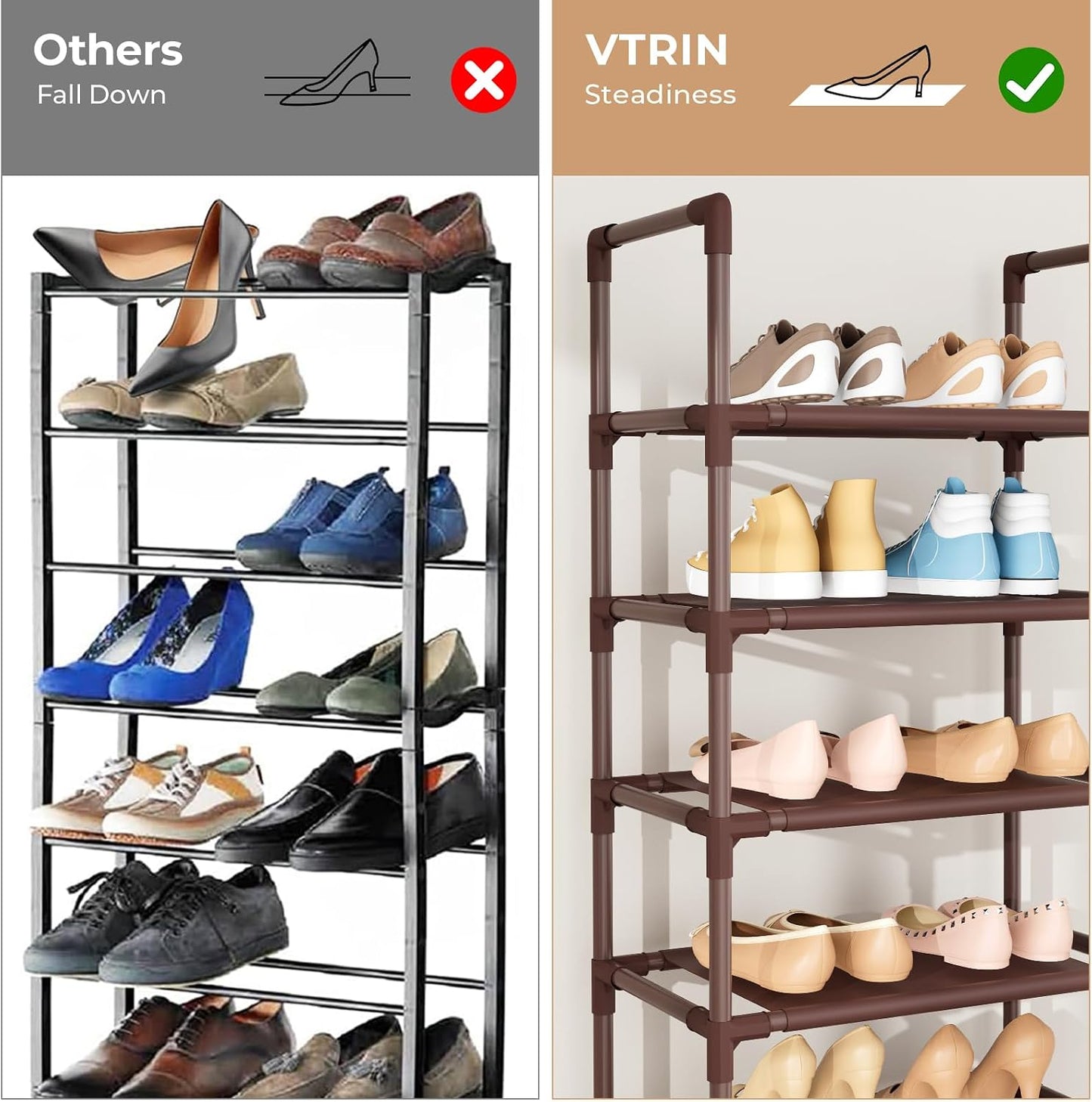 VTRIN 10 Tiers Tall Shoe Rack Holds 20-25 Pairs of Shoes Sturdy Vertical Shoe Organizer with 18pcs Hooks Stackable Narrow Shoe Rack for Closet, Entryway Black