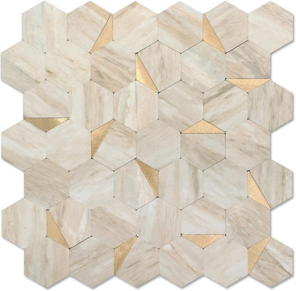 10-Sheet Heavy-Duty Hexagon Peel and Stick Backsplash, Thick Waterproof &Heat Resistant Stick on Wall Tiles, Slate Beige Mosaic for Kitchen & Bathroom, Strong Adhesive Permanent PVC Tiles