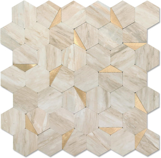 10-Sheet Heavy-Duty Hexagon Peel and Stick Backsplash, Thick Waterproof &Heat Resistant Stick on Wall Tiles, Slate Beige Mosaic for Kitchen & Bathroom, Strong Adhesive Permanent PVC Tiles