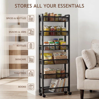 6 Tier Slim Rolling Storage Cart, Narrow Kitchen Storage Cart, Spice Rack Organizer with Wheels, Space Saving Shelf for Living Room, Laundry Room, Bathroom, Narrow Spaces