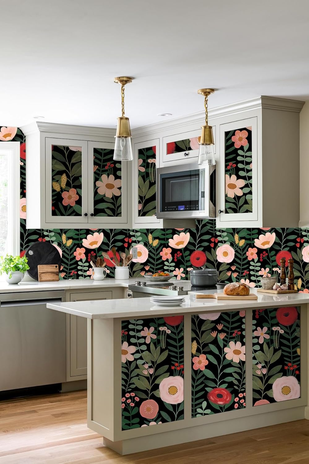 HAOKHOME Floral Peel and Stick Wallpaper Boho Vintage Wall Paper Removable for Bathroom Nursery Beige/Pink/Red Contact Paper 17.3in x 9.8ft