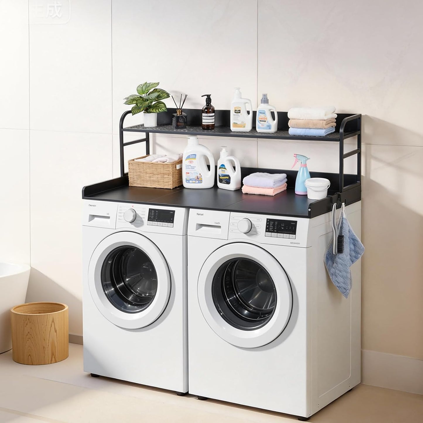 VEVOR Washer Dryer Countertop with 2-Tier Shelf, 54" x 27" Wooden Washer and Dryer Countertop with Anti-Slip Pads, Water-Resistant Laundry Topper Cover for Laundry Room Organization and Storage, Black