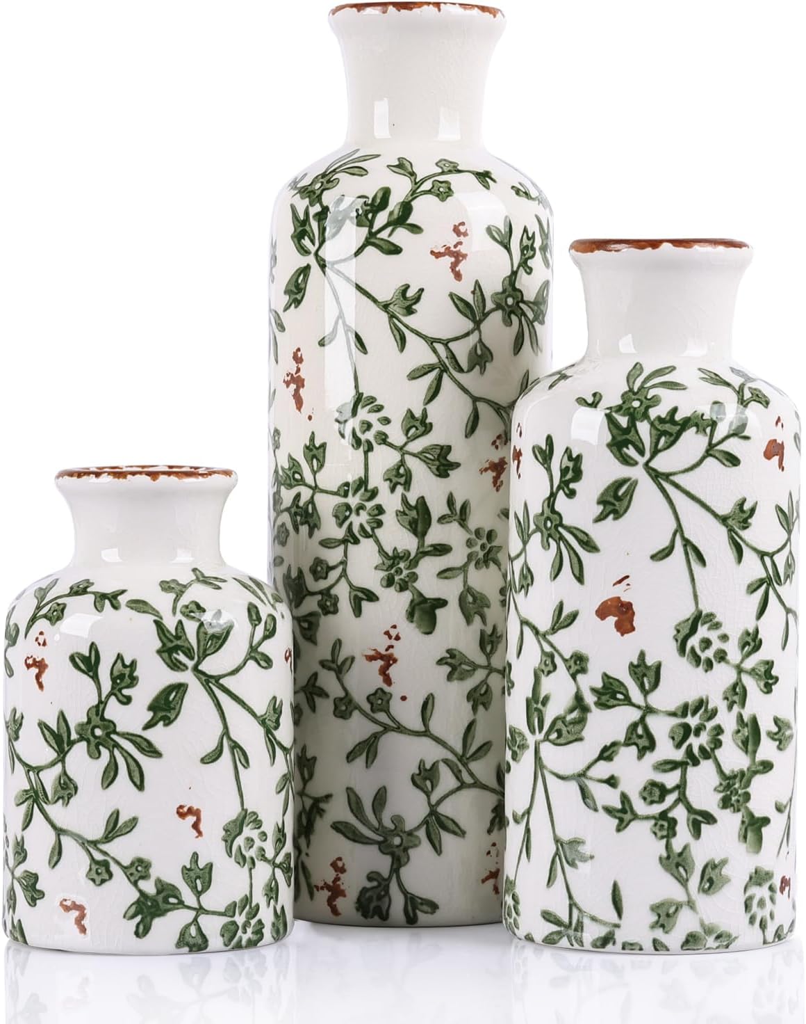 Ceramic Vase Set of 3 – Small Flower Vases, Modern Farmhouse Boho Flower Vases for Home Decor, Rustic Pottery Vases for Centerpieces, Living Room, Shelf, Fireplace, Entryway Decor, Table or Cabinet