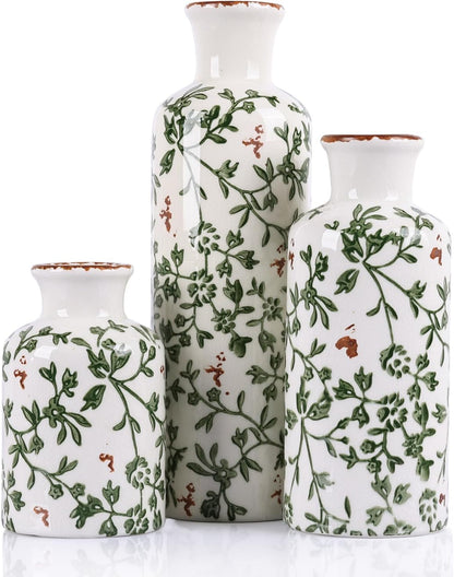 Ceramic Vase Set of 3 – Small Flower Vases, Modern Farmhouse Boho Flower Vases for Home Decor, Rustic Pottery Vases for Centerpieces, Living Room, Shelf, Fireplace, Entryway Decor, Table or Cabinet