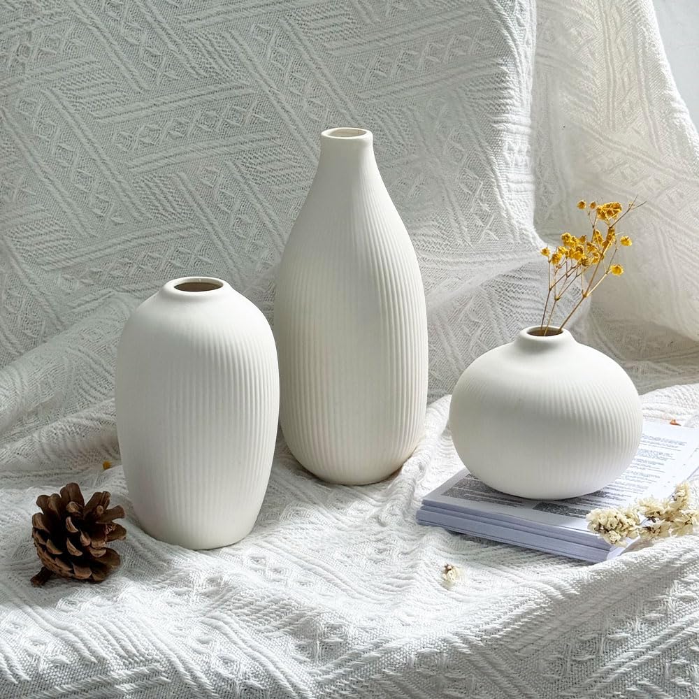 Ceramic Vase Set of 3 - Small Modern Minimalist Ceramic Bud Vases for Home Decor - Boho Aesthetic Flower Vases for Desk, Shelf & Table, Mantle, Bookshelf (Cute & Versatile) (Neutral Mix)