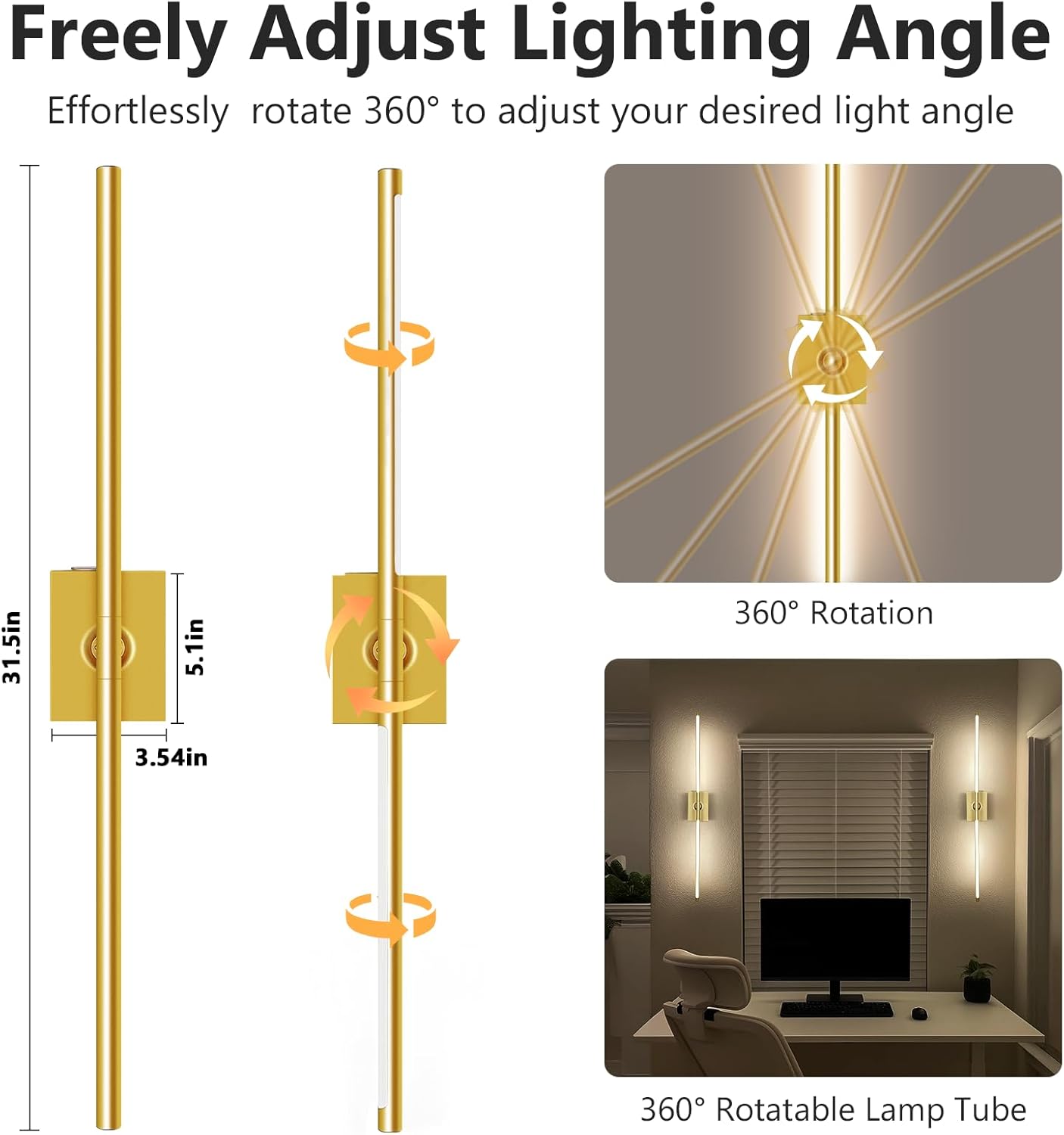 Eneru Battery Operated Wall Sconce Lights - 10000mAh Rechargeable Wireless Wall Sconces Set of Two with Touch and Remote, 360° Rotate, 4 Colors LED Wall Lamp for Living Room Bedroom Hallway (Gold)