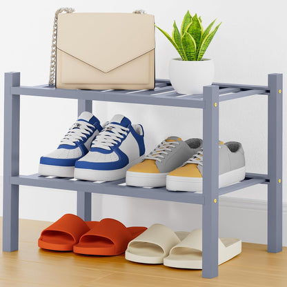 Smiry Bamboo Shoe Rack, 3 Tier Free Standing Wooden Shoe Organizer, Stackable Wood Shoe Storage Shelf for Closet, Entryway, 12 Vertical Slats, 2+1 Stack Standard Legs, 26.8"x11"x19.5", Natural
