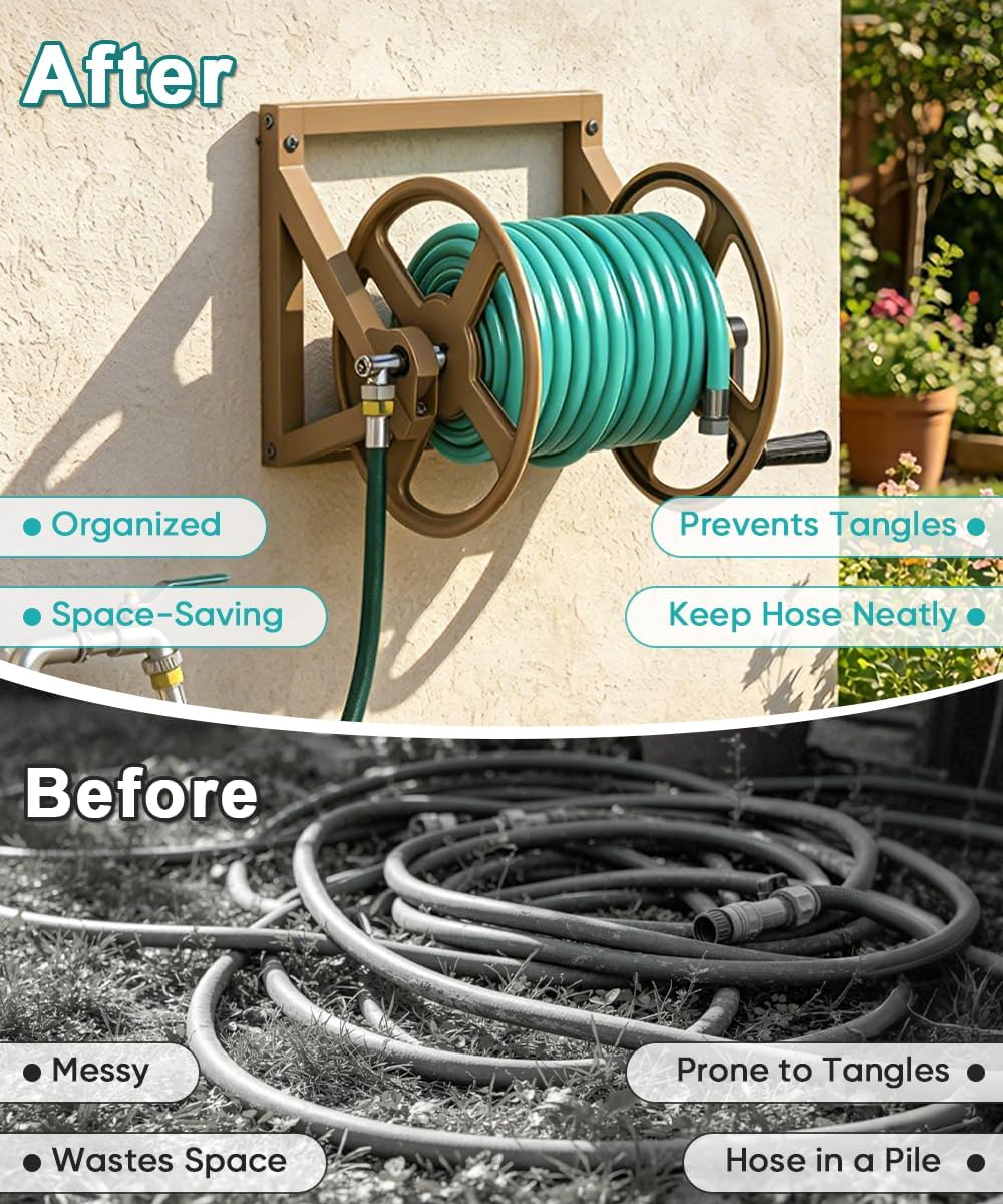 Artigarden Garden Hose Reel Wall Mounted, Outdoor Heavy Duty Powder Coated Metal Water Hoses Holder Winder Holds 125 ft 5/8" Hoses with 3.9ft Leader Hose, Stainless Steel Connector for Outside, Black