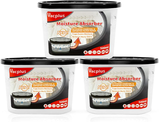 Vacplus Moisture Absorbers - Dehumidifiers for Closet, Efficient Humidity Absorber Boxes Collect Excess Moisture for Bathroom, Kitchen, Study, Fragrance-Free, 3 Pack