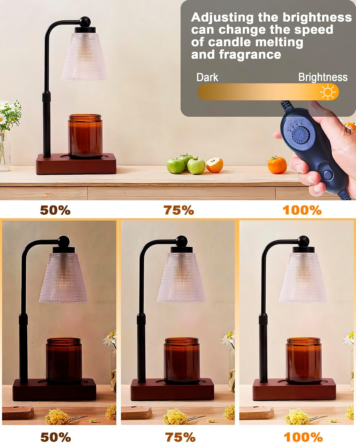 Candle Warmer Lamp with Timer - Adjustable Height & Brightness - Wood Base Glass Shade - 2 Bulbs Included(Square Gold)