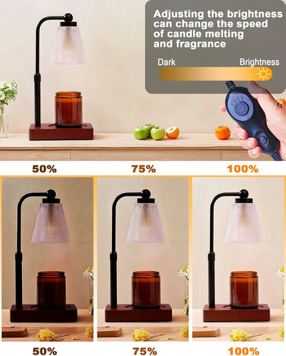 Candle Warmer Lamp with Timer - Adjustable Height & Brightness - Wood Base Glass Shade - 2 Bulbs Included(Square Gold)