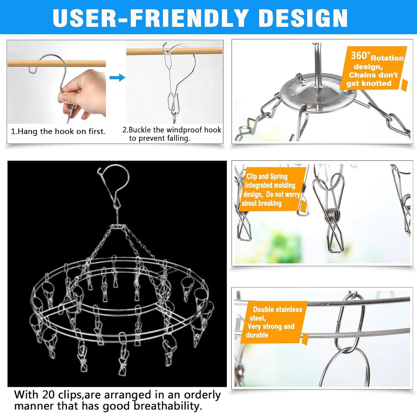 Stainless Steel Sock Drying Rack with 20 Clips, Space-Saving Dryer Rack with Pegs for Socks, Towels, Bras, Underwear Etc. Small Laundry Items