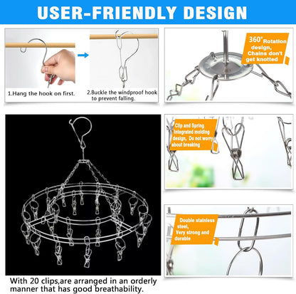 Stainless Steel Sock Drying Rack with 20 Clips, Space-Saving Dryer Rack with Pegs for Socks, Towels, Bras, Underwear Etc. Small Laundry Items