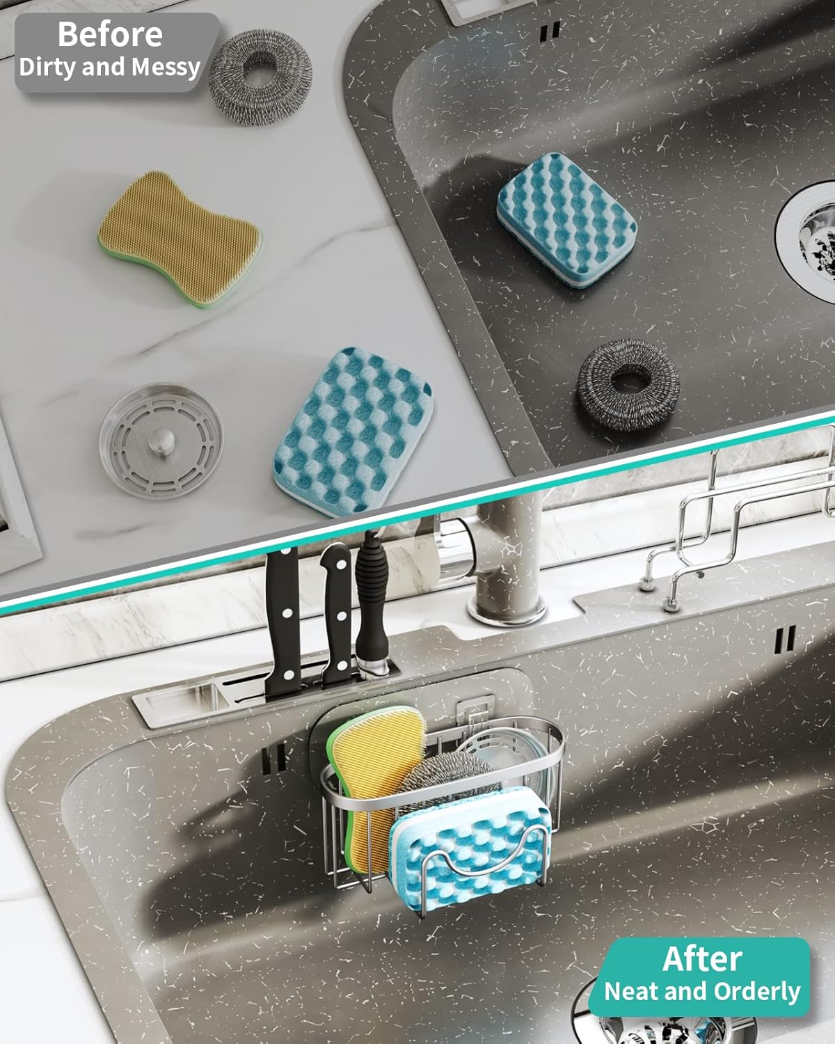 HapiRm Multifunctional Sponge Holder with Unique M-Shaped, 2 Installation Methods Kitchen Sink Caddy Organizer, Rustproof Stainless Steel Kitchen Organizers and Storage Essentials - Black