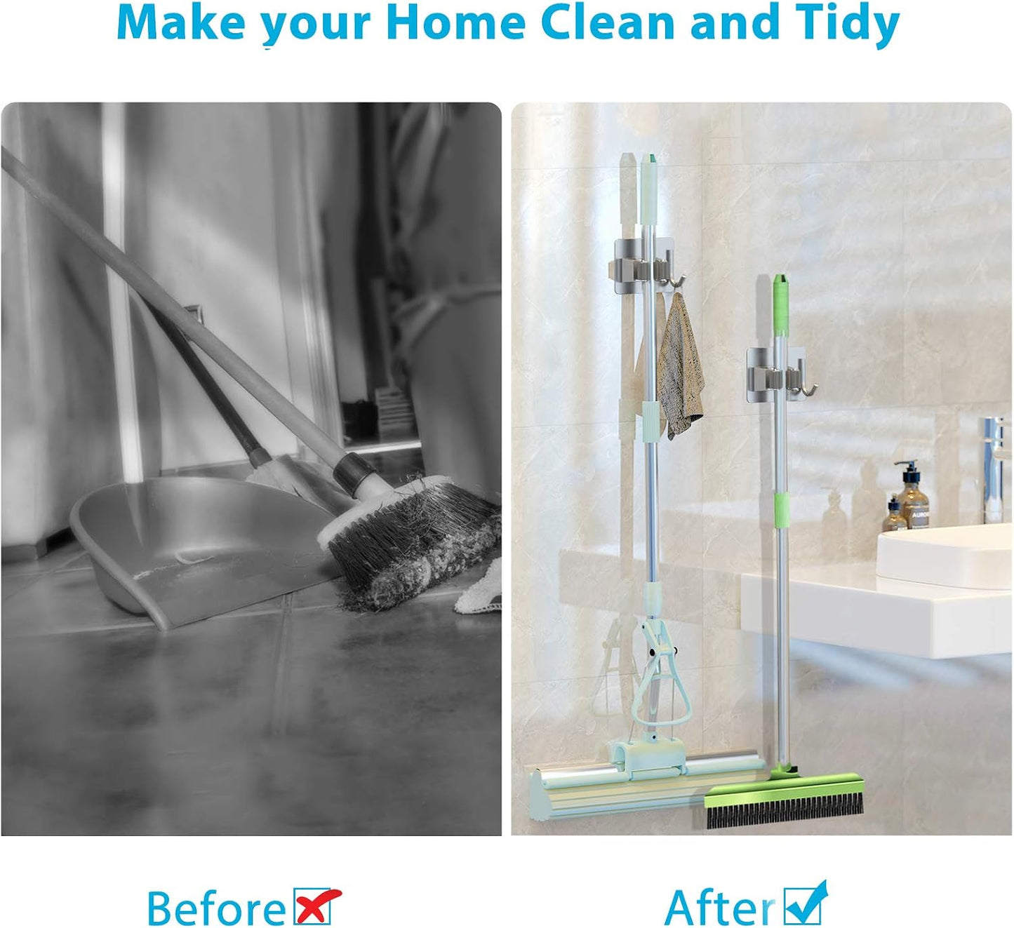 homeasy Mop Broom Holder No Drill, Mop Broom Organizer Wall Mounted Heavy Duty with Hooks Hanger, Self Adhesive Stainless Steel 4Pcs for Bathroom, Kitchen, Office (Silver)