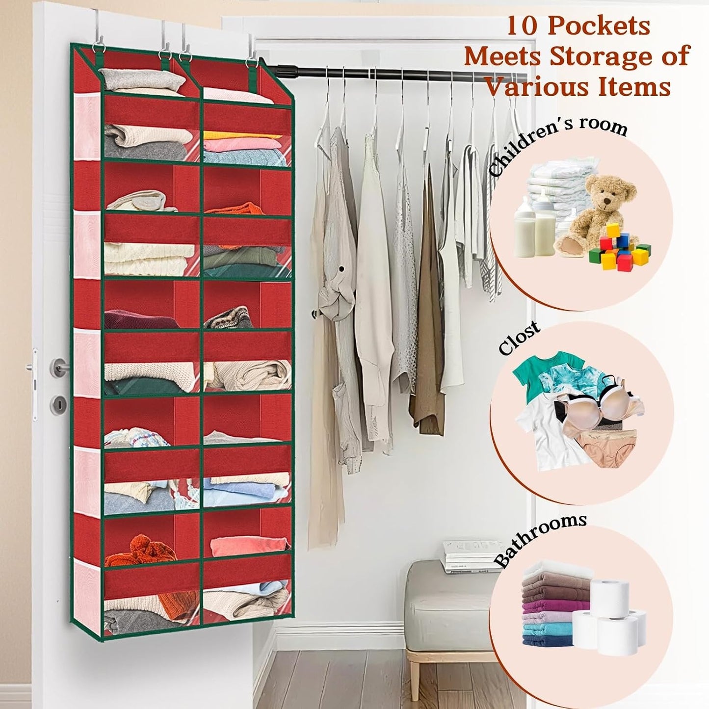 Over The Door Organizer, 5-Tier Extra Large Behind Door Storage with 10 Big Front & 10 Mesh Pockets, 80lb Capacity, Hanging Storage Organizer with Clear Window Kids Toys, Shoes, Diapers, Light Grey