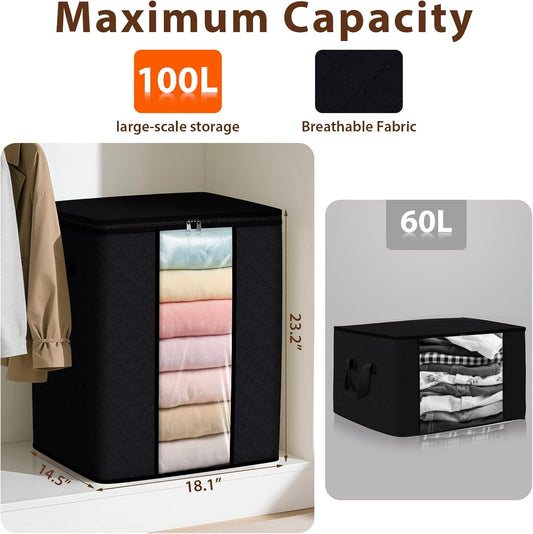 SpaceWhisper 3 Pack 100L Clothes Storage, Foldable Thick Fabric Blanket Storage Bags, Containers for Organizing Bedroom, Closet, Clothing, Comforter,Closet Organization with Handle,Grey