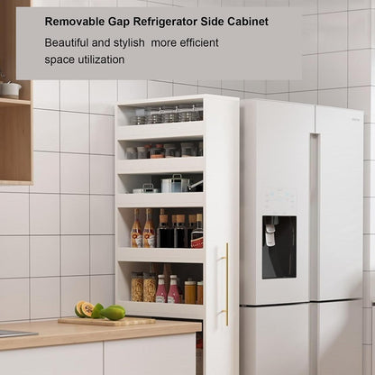 Slim Rolling Storage Cart - White Kitchen Cabinet with Wheels & Handle, Narrow Wood Spice Rack for Small Spaces Next to Fridge, Pantry Shelf Organizer.