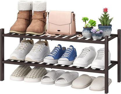 viewcare 3-Tier Black Bamboo Shoe Rack for Entryway, Stackable | Foldable | Natural, Shoe Shelf Storage Organizer for Hallway Closet, Free Standing Shoe Racks for Indoor Outdoor