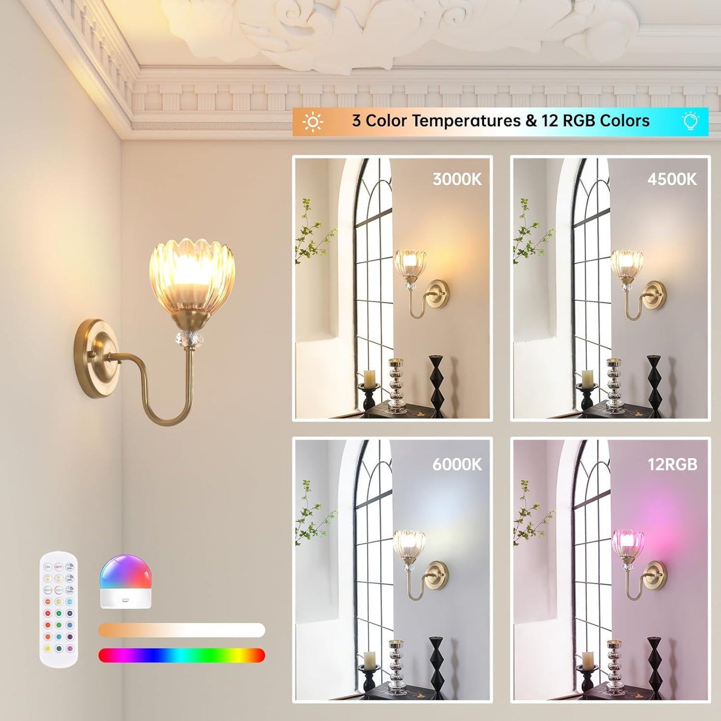 Set of 2 Vintage Battery Operated Wall Sconce, Rechargeable Wall Lamp with 5000mAh Battery & Remote Control, Dimmable Wall Lights with tulip shade for Bedroom Bathroom Living Room, (Tulip Amber Up)