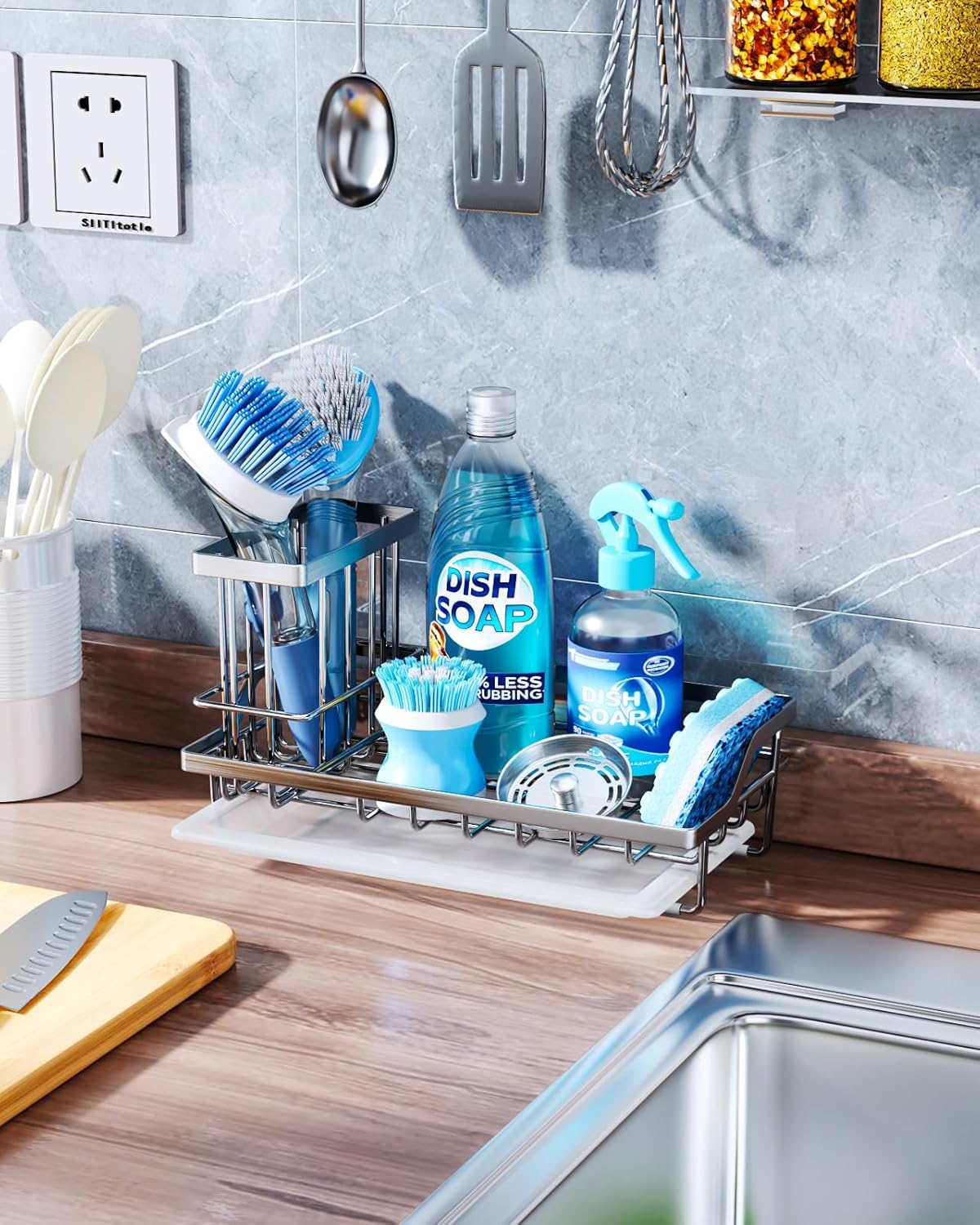 Consumest Sponge Holder for Kitchen Sink - Kitchen Sink Caddy Organizer with Removable Drip Tray for Countertop Dish Soap Dispenser Brush Storage Accessories 304 Stainless Steel - Black
