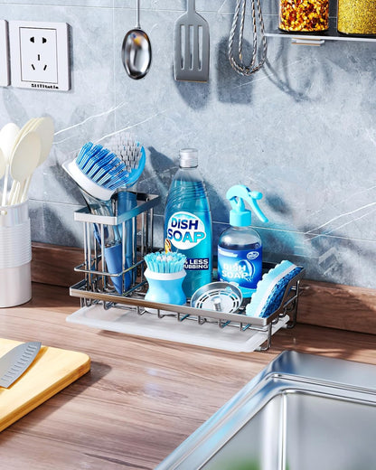 Consumest Sponge Holder for Kitchen Sink - Kitchen Sink Caddy Organizer with Removable Drip Tray for Countertop Dish Soap Dispenser Brush Storage Accessories 304 Stainless Steel - Black