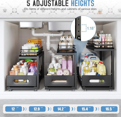 Under Sink Organizer Upgrade To Professional Rails,2-Tier Dual Pull Out Cabinet Storage,Height Adjustable Slide Out Drawers For Bathroom Kitchen,2 Pack-14.5" Dx12.8-16.9" H,White