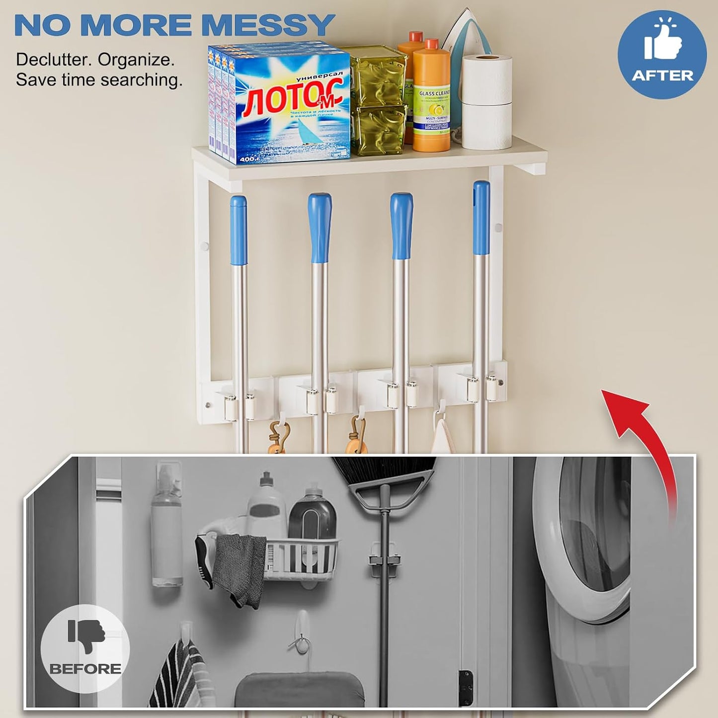 Broom Holder Wall Mount with Cleaning Supplies Organizer, Laundry Room Organization and Storage Shelf with Mop Hanger Rack Gripper Hooks, Utility Shelf Closet Organizer Floating Shelves for Garage
