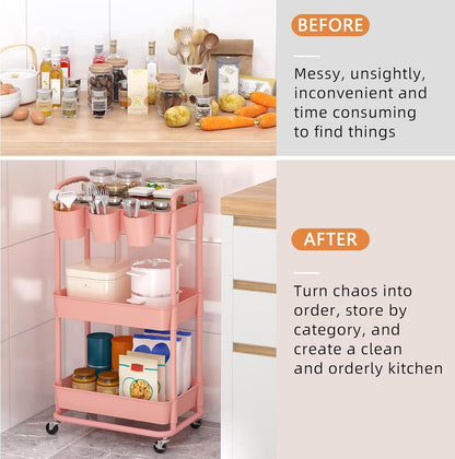 JIUYOTREE 4-Tier Plastic Rolling Storage Cart Utility Cart with Extra Hanging Cups Handles Lockable Wheels for Living Room Bathroom Kitchen Office White