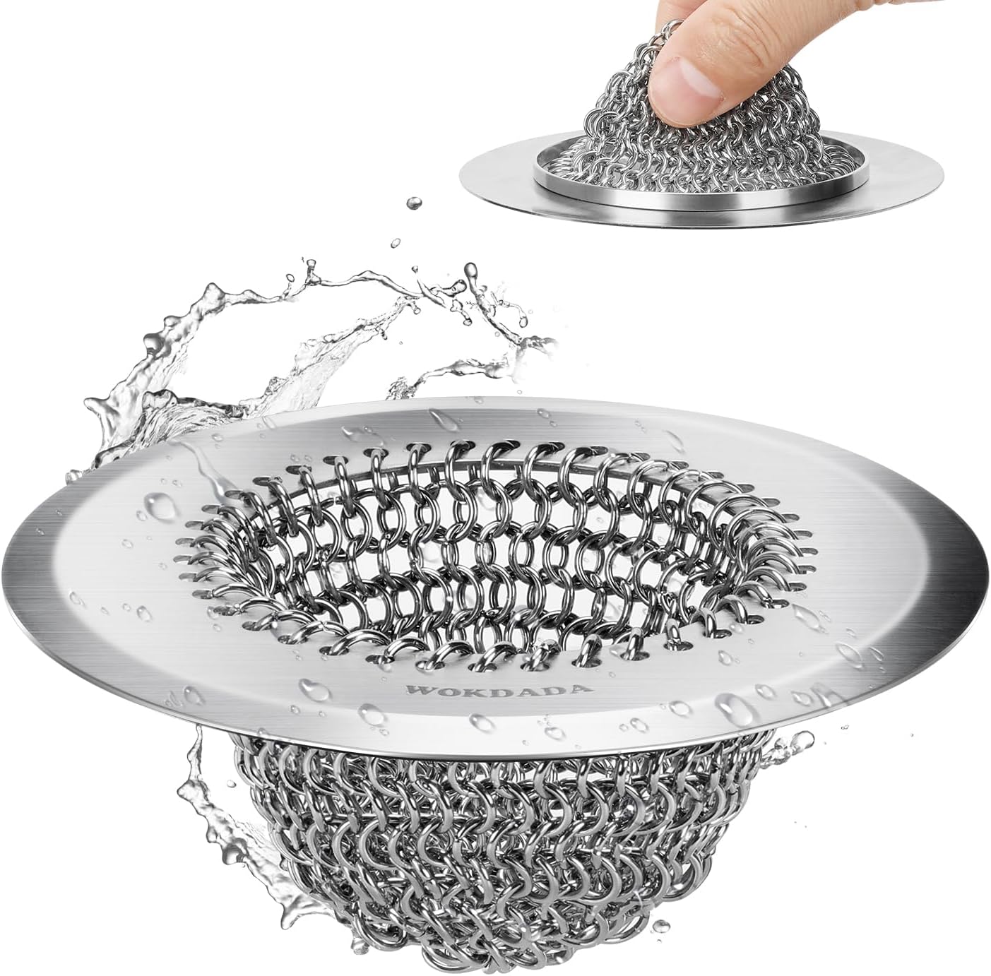 WOKDADA Upgraded Sink Drain Strainer, Patented Reversible Chain Mail Mesh | Anti-Slip Ring, Fast Drainage, Reversible Flip Clean, Rust-Proof, Universal 4.4-Inch, Large Capacity, Garbage Disposal Fit