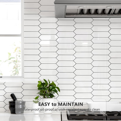 Vamos Tile Glossy Dolomite White Backsplash Tile Peel and Stick, 12.8 x 12.8 Inch 10 Sheets Long Hexagon PVC Self Adhesive Mosaic Wall Tiles Stick on Backsplash for Kitchen and Bathroom