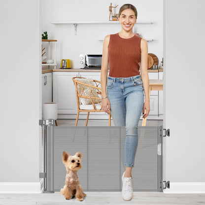 Short Dog Gate 0"-39" Wide Narrow Baby Gate 24” Tall Retractable Short Pet Gate to Step Over Short Baby Gate for Doorway, Low Pet Gate Indoor Doggie Gates Mesh Puppy Gate for Stairs, Black