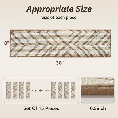 PADOOR Stair Treads Non Slip 15 PCS, 3D Peel and Stick Stair Treads for Wooden Steps Indoor, Residue-Free Adhesive Stair Runner for Kids, Elders & Pets, Washable Carpet for Stairs,8"x30",Brown