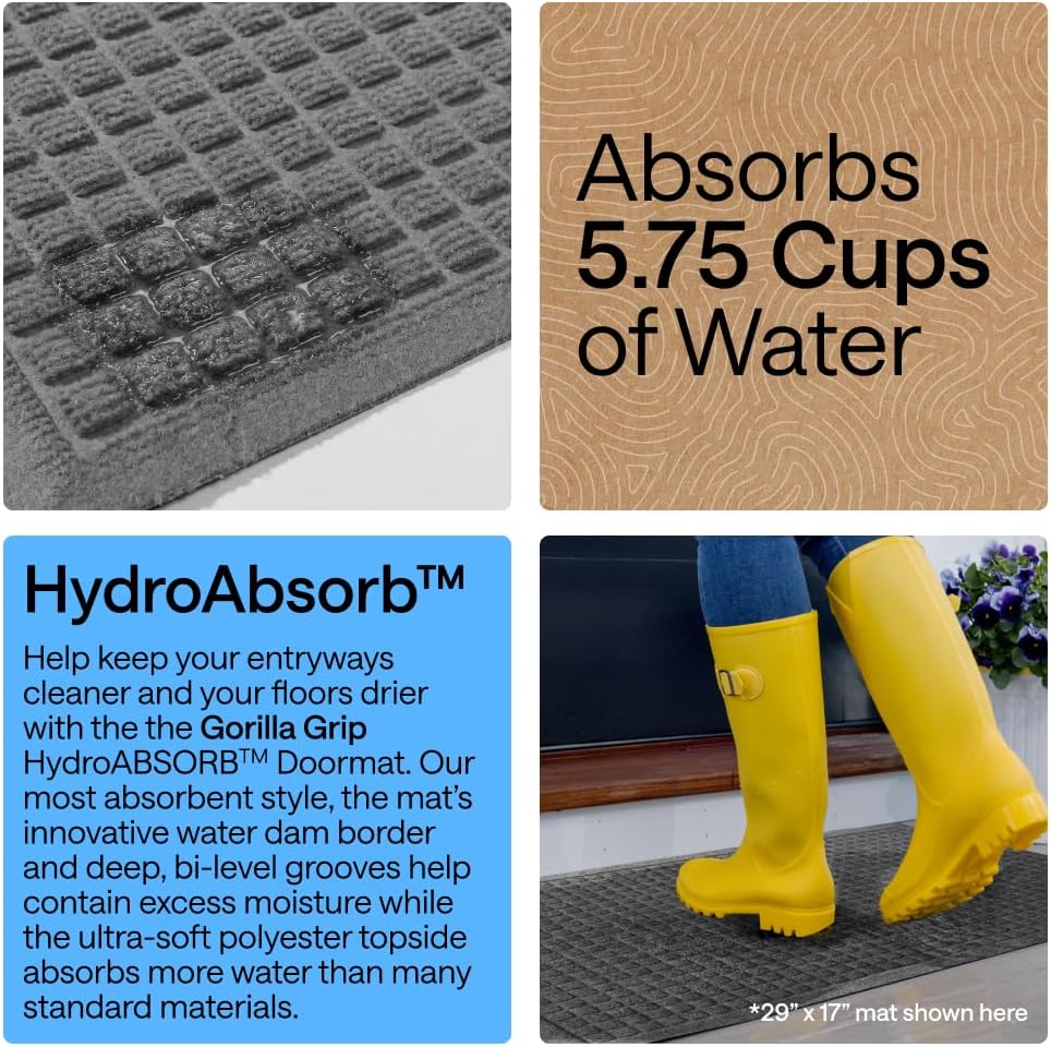 GORILLA GRIP® Ultra Absorbent Front Door Mat Outside Entrance, Traps Dirt and Moisture, HydroABSORB Indoor Outdoor Doormat Holds Up to 1.7 Cups Water, Stain and Fade Resistant Welcome Mat, 29x17 Black