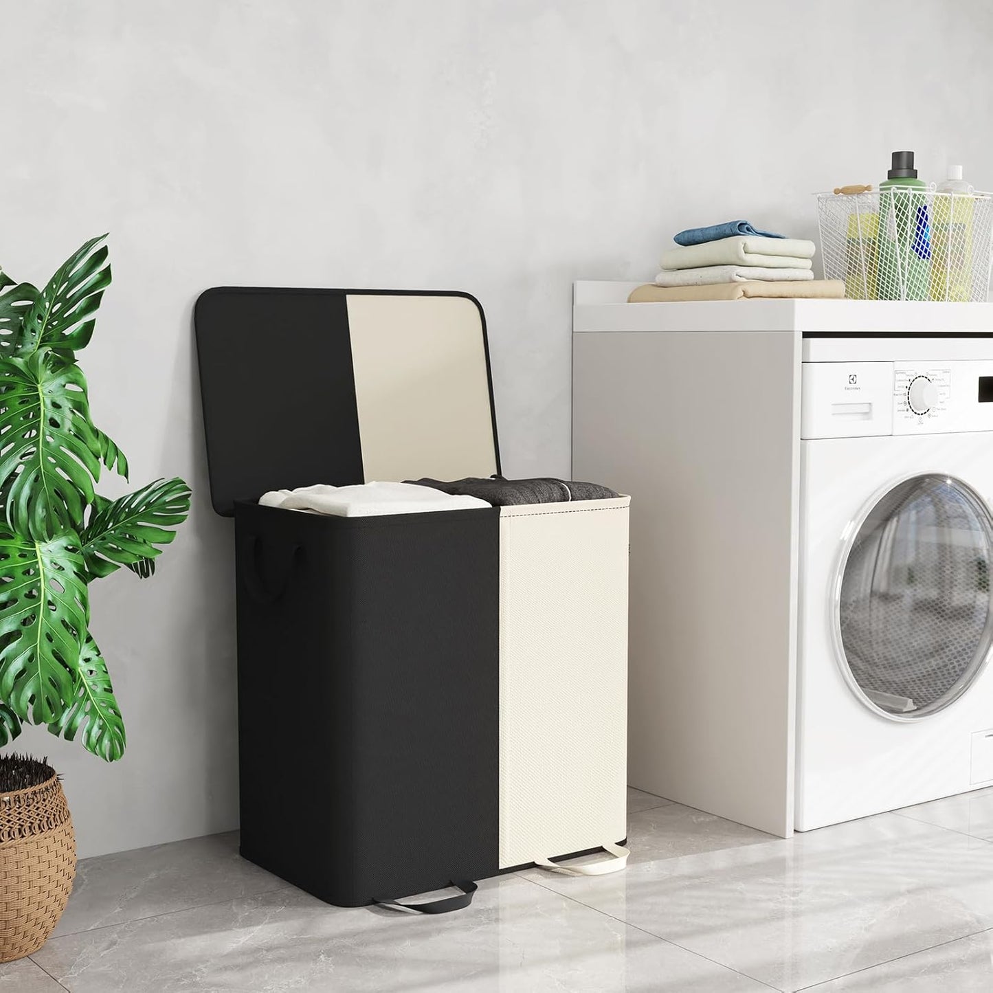 Lifewit Double Laundry Hamper with Lid and Removable Laundry Bags, Large Collapsible 2 Dividers Dirty Clothes Basket with Handles for Bedroom Laundry Room Closet Bathroom College, 136L Beige